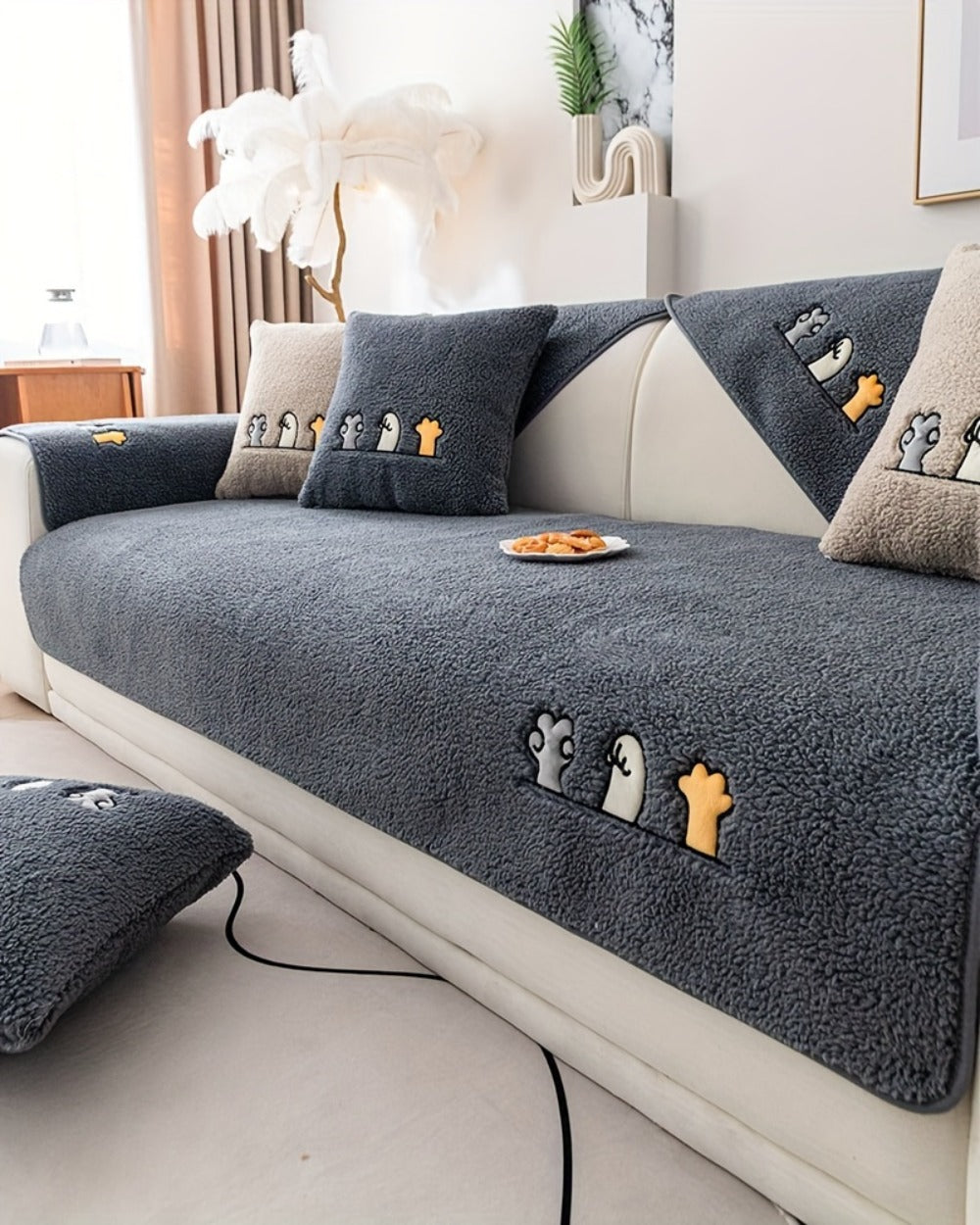 Plush Shearling Sofa Cover Non-Slip Pet-Friendly Couch Protector Animal Bone Embroidery Soft Warm for Living Room Bedroom Office 2 3 4 Seater - product image 33