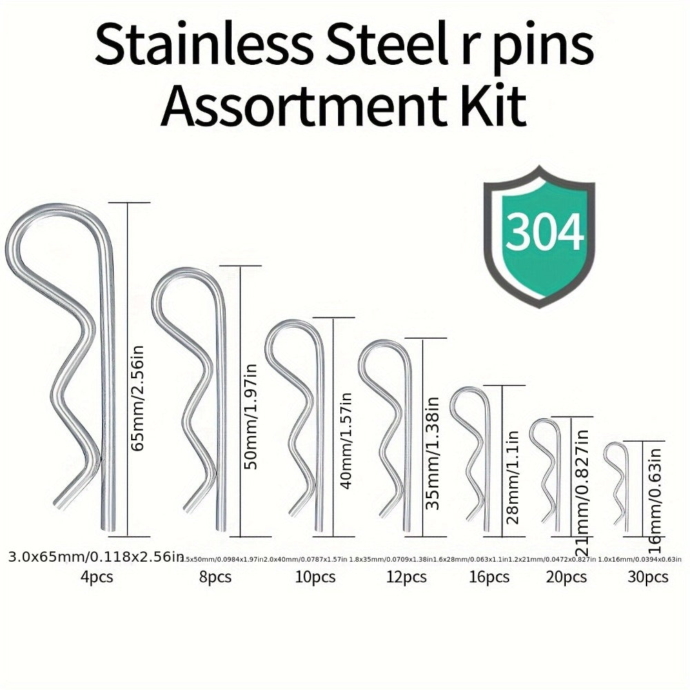100pcs Stainless Steel R Cotter Pin Assortment Kit – R-Clip Spring Retaining Pins 7 Sizes for Trailer Hitch Automotive Marine Lawn Mower & Agricultural Machinery - product image 2