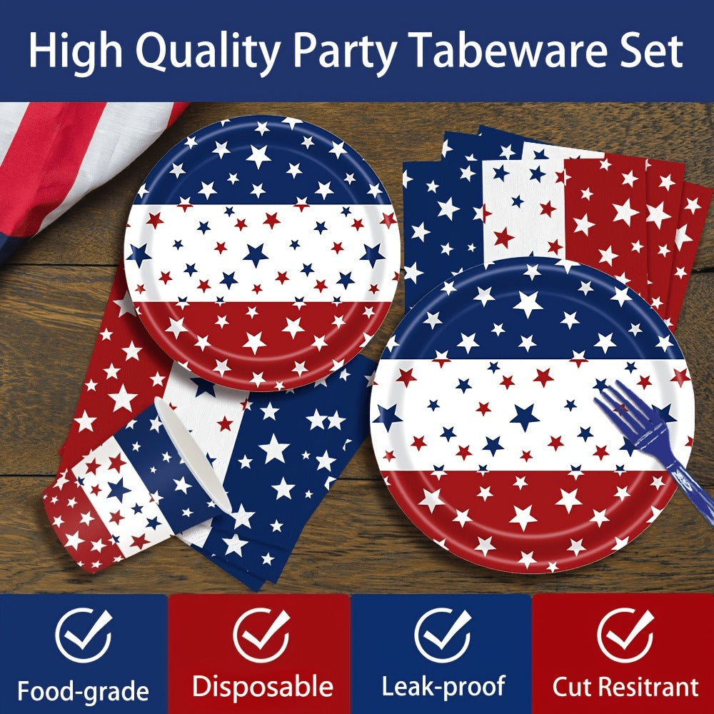 Patriotic Disposable Paper Plates & Napkins for Independence Day BBQ, Memorial Day & Red White Blue Party Decorations Serves 20 Guests – 4th of July Party Supplies 140 Pcs