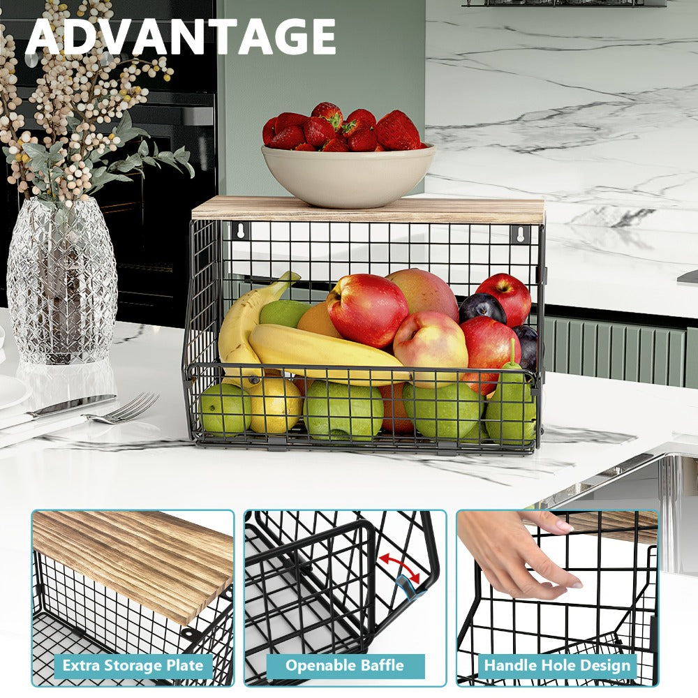 Stackable Metal Wire Fruit Basket with Lid – 1 or 2-Tier Hanging Kitchen Pantry Storage Bin, Wall-Mounted or Countertop Vegetable Organizer for Potato, Onion & Produce, Black - product image 10