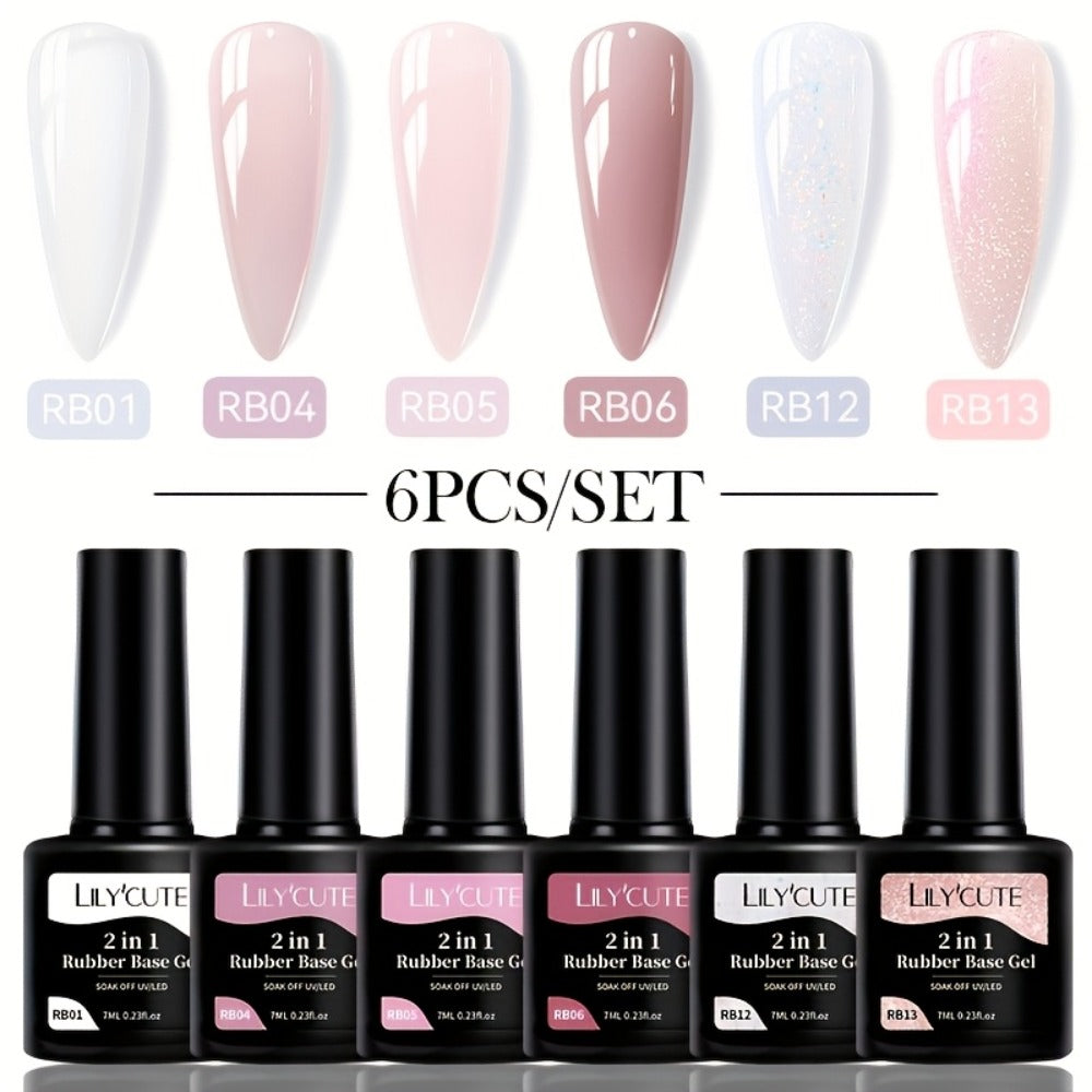 Rubber Base Gel Polish Set 6pcs Nude Pink 2-in-1 Builder Base Coat – Self-Leveling Soak Off UV LED Semi-Permanent Long-Lasting Gel Manicure Kit 0.24oz Each for DIY & Salon Nail Art - product image