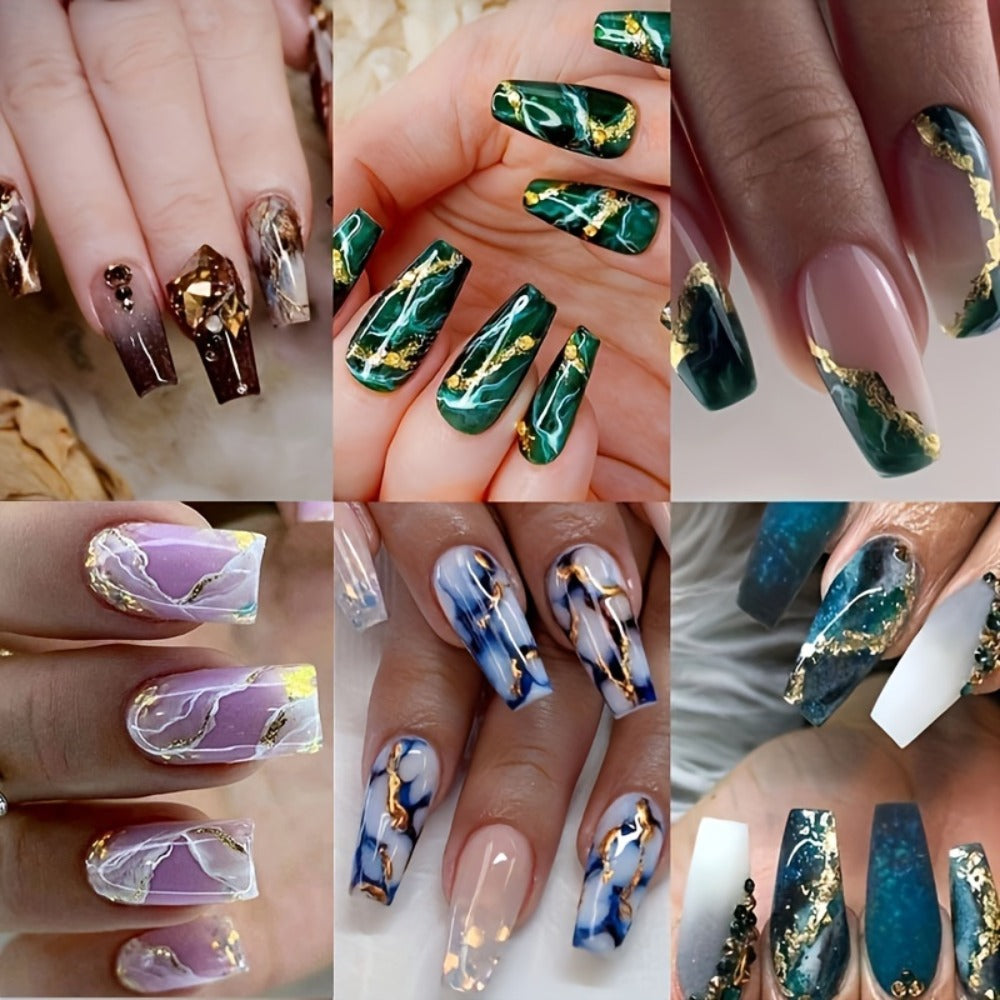 Coffin Nails 144 Pieces 6 Packs Medium Blue Marble Sequins Glossy Press On Nails – Full Cover Acrylic Fake Nails with Nail Glue Included Nude & Blue False Nails for Women Girls - product image 2