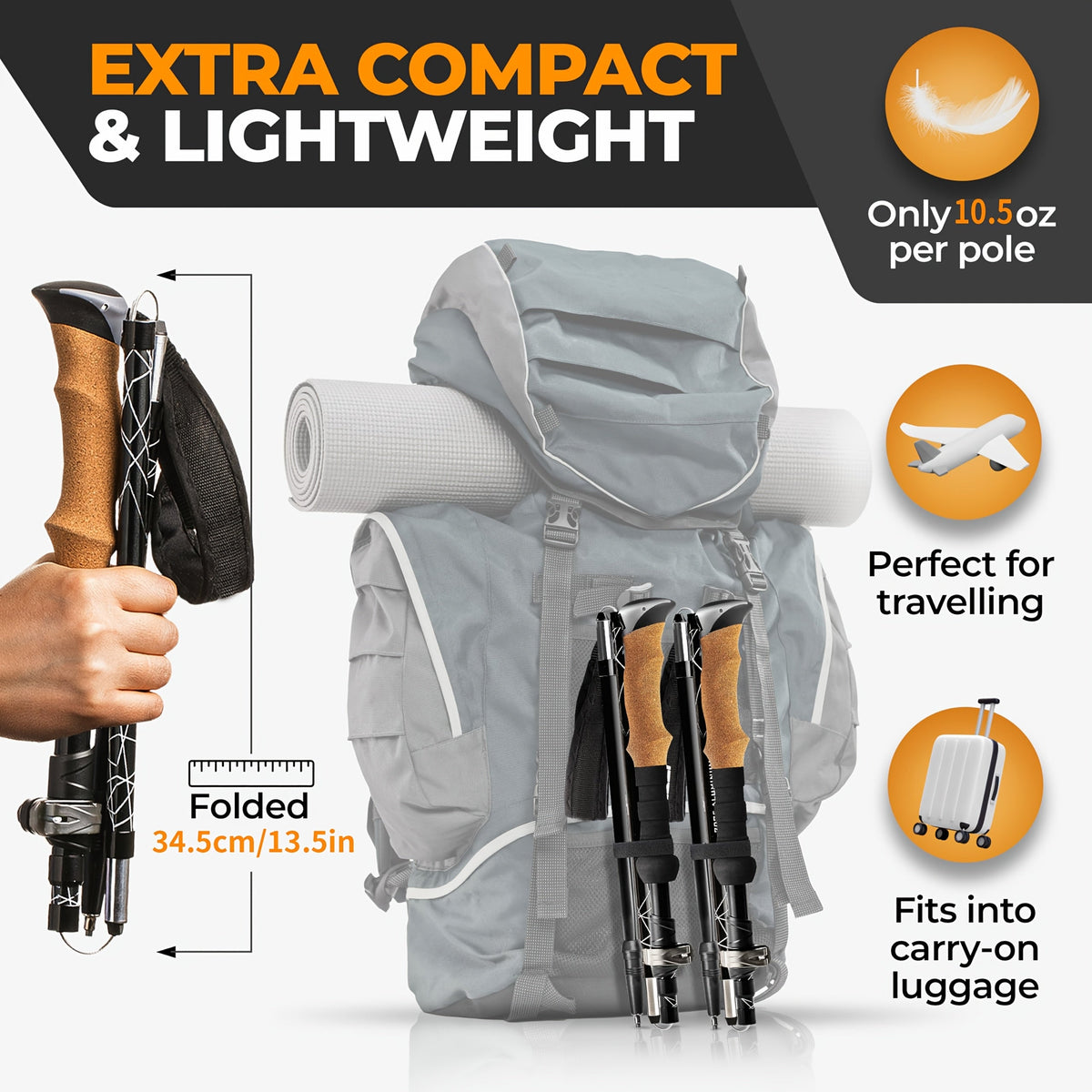 Folding Hiking Sticks with Cork Ergonomic Grip, Sweat-Absorbing Handle, Adjustable Walking Poles for Hiking, Camping & Mountain Travel | Lightweight Aluminum - product image 6