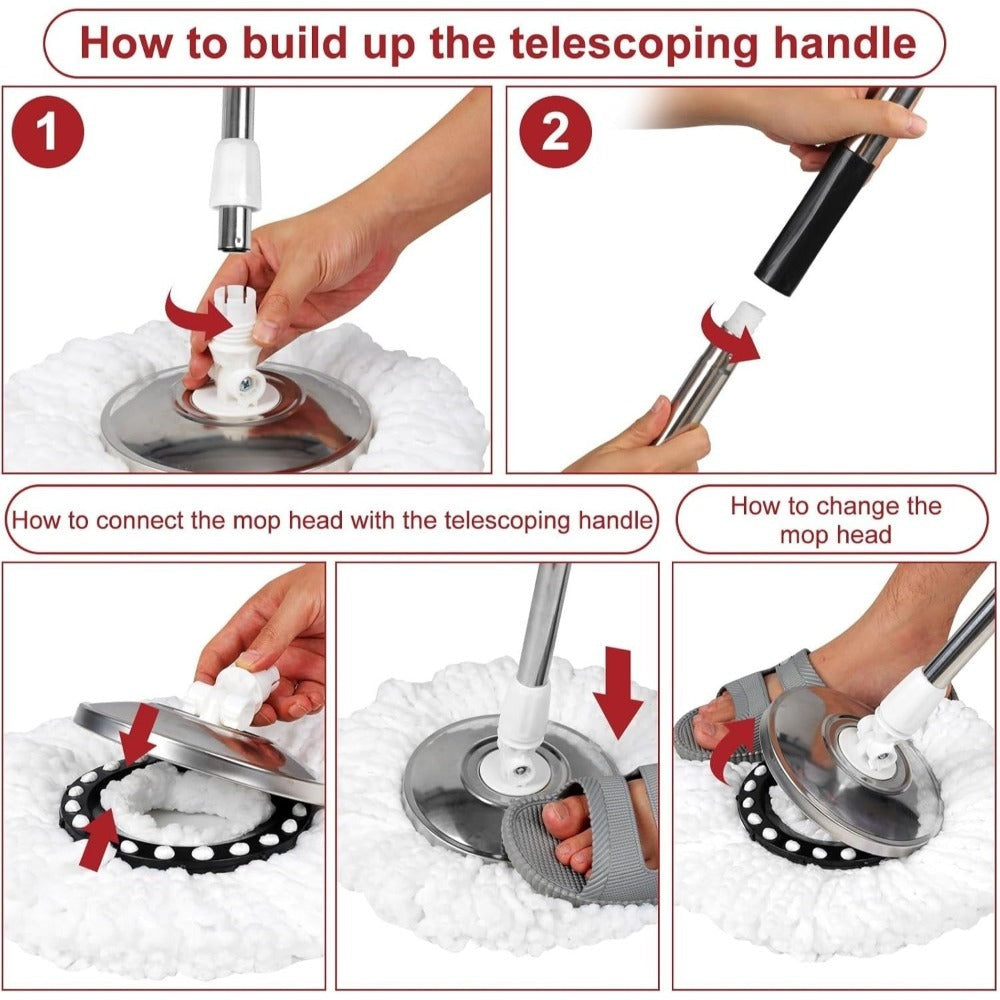 Spin Mop and Bucket with Wringer Set, 360° Spinning Mop System, 4 Microfiber Replacement Heads, Stainless Steel Adjustable Handle, Heavy-Duty Floor Cleaning Kit for Hardwood Tile L - product image 6