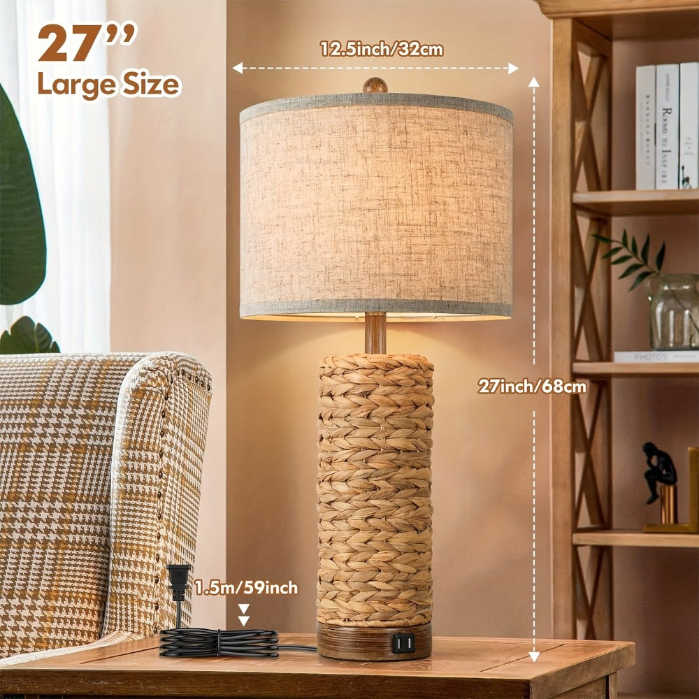 Rattan Table Lamp Set of 2 with USB Ports - 27 Inch Tall Woven Seagrass Bedside Nightstand Lamps for Living Room Bedroom End Table, Coastal Farmhouse Rustic Decor, E26 Socket Rotar - product image 3