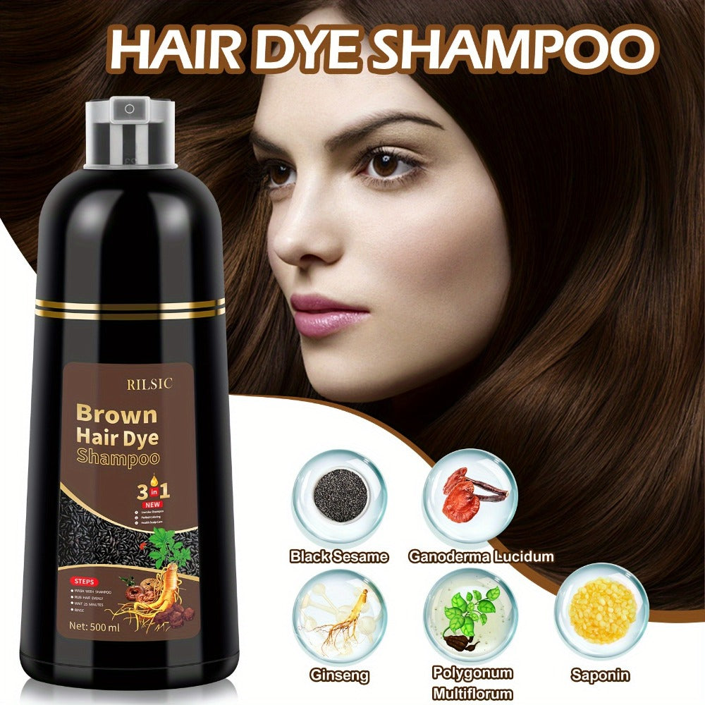 Grey Hair Coverage Shampoo 2 Pack 3-in-1 Herbal Hair Dye Kit with Plant-Based Squalane Colors in Minutes Includes Gloves Earmuffs Headgear Shawl Black Dark Brown Chestnut 500ml Eac - product image 4