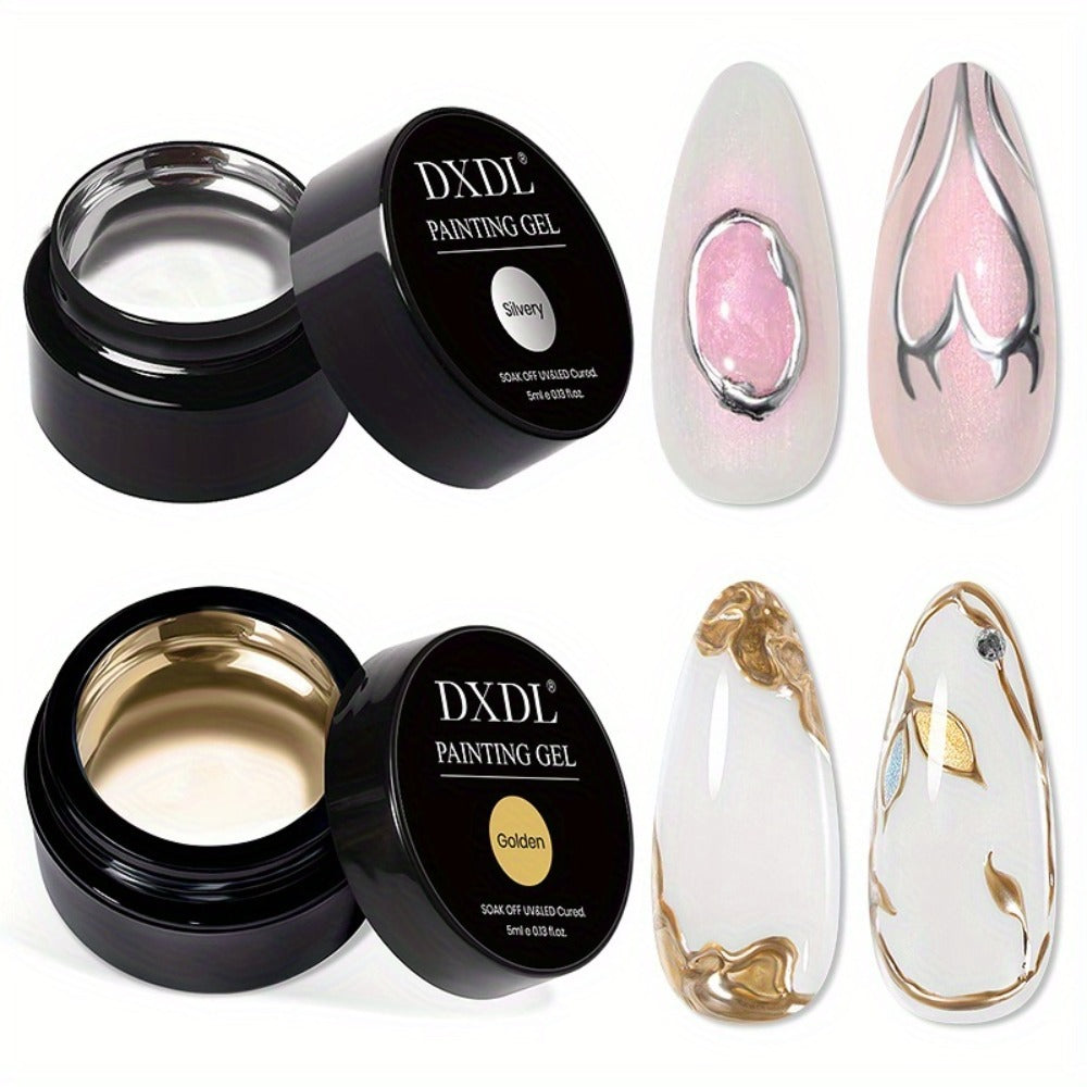 Chrome Mirror Nail Art Liner Gel Set 2pcs Gold & Silver – 3D Metallic Mirror Effect Soak-Off Painting Gel, French Tip & Nail Art Drawing Gel 5ml, Salon & Home Manicure Women - product image