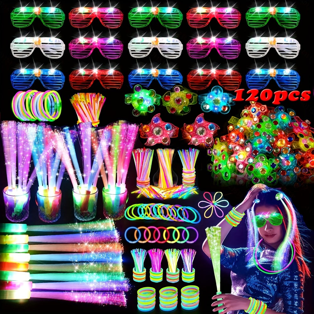 Neon Glow Rings LED Glasses Glow Sticks & Fiber Optic Hair Clips for Blacklight Birthday Party, Wedding, Concert, Rave & New Year's Eve – Glow in the Dark Party Supplies 120 Piece Set