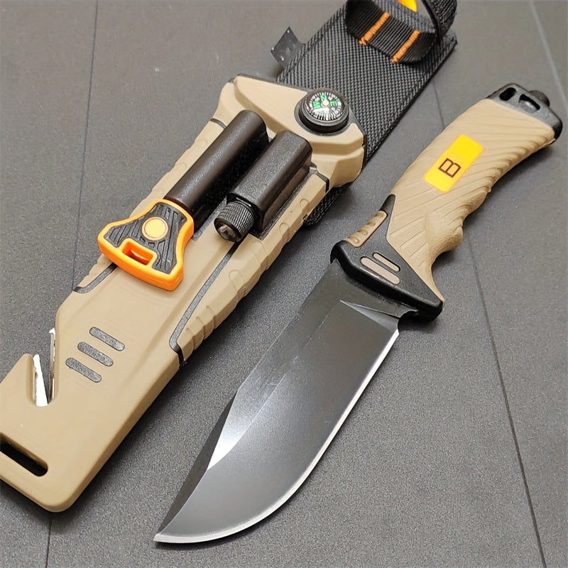 Fixed Blade Outdoor Camping Knife 9.64 Inch Stainless Steel – Non-Slip Ambidextrous Handle for Hiking Mountaineering Adventure – Survival Hunting Knife with Flint Fire Starter Night Light Sharpener Safety Sheath