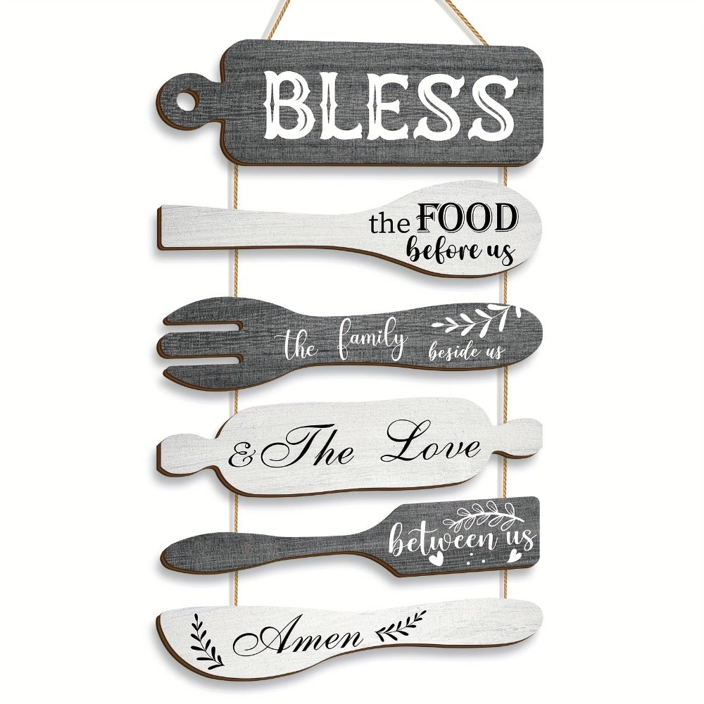 Farmhouse Wall Decor Wood Sign Set - "Bless The Food Before Us" Rustic Kitchen Dining Room Hanging Plaque, 6-Piece Rope Wood Board Art, Housewarming Thanksgiving Gift for Home - product image 3