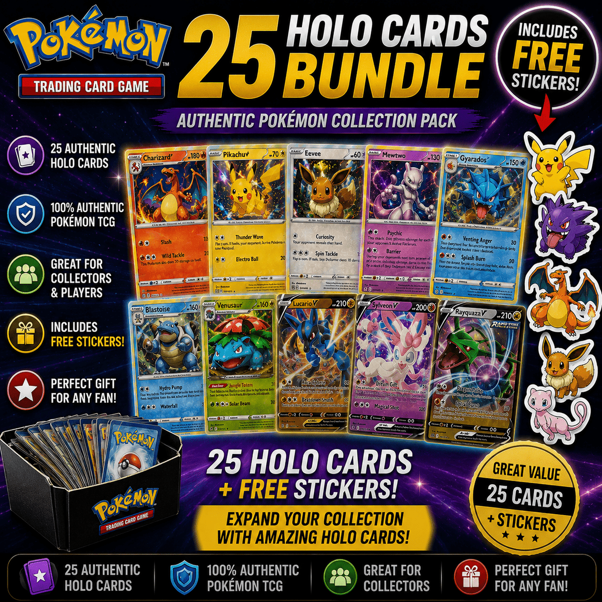 Holo Cards Bundle 25 Cards – Free Stickers Included – Authentic Holographic & Reverse Holo TCG Cards Assorted Sets – Gift for Kids & Collectors - product image 2