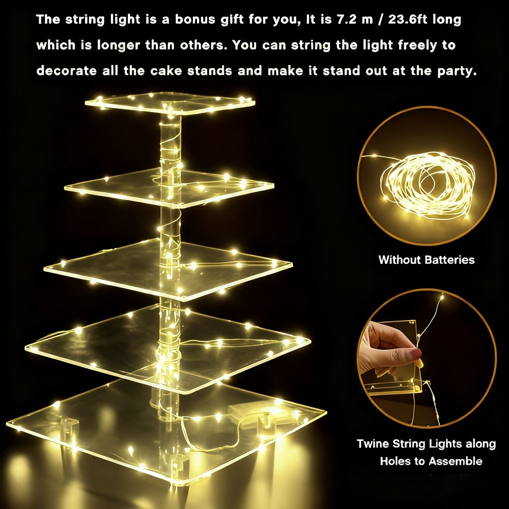 5-Tier Acrylic Cupcake Stand with LED String Lights – Square Dessert Display Tower for 60 Cupcakes Birthday Wedding Baby Shower Tea Party Elegant Transparent Cake Display Rack Easy - product image 5
