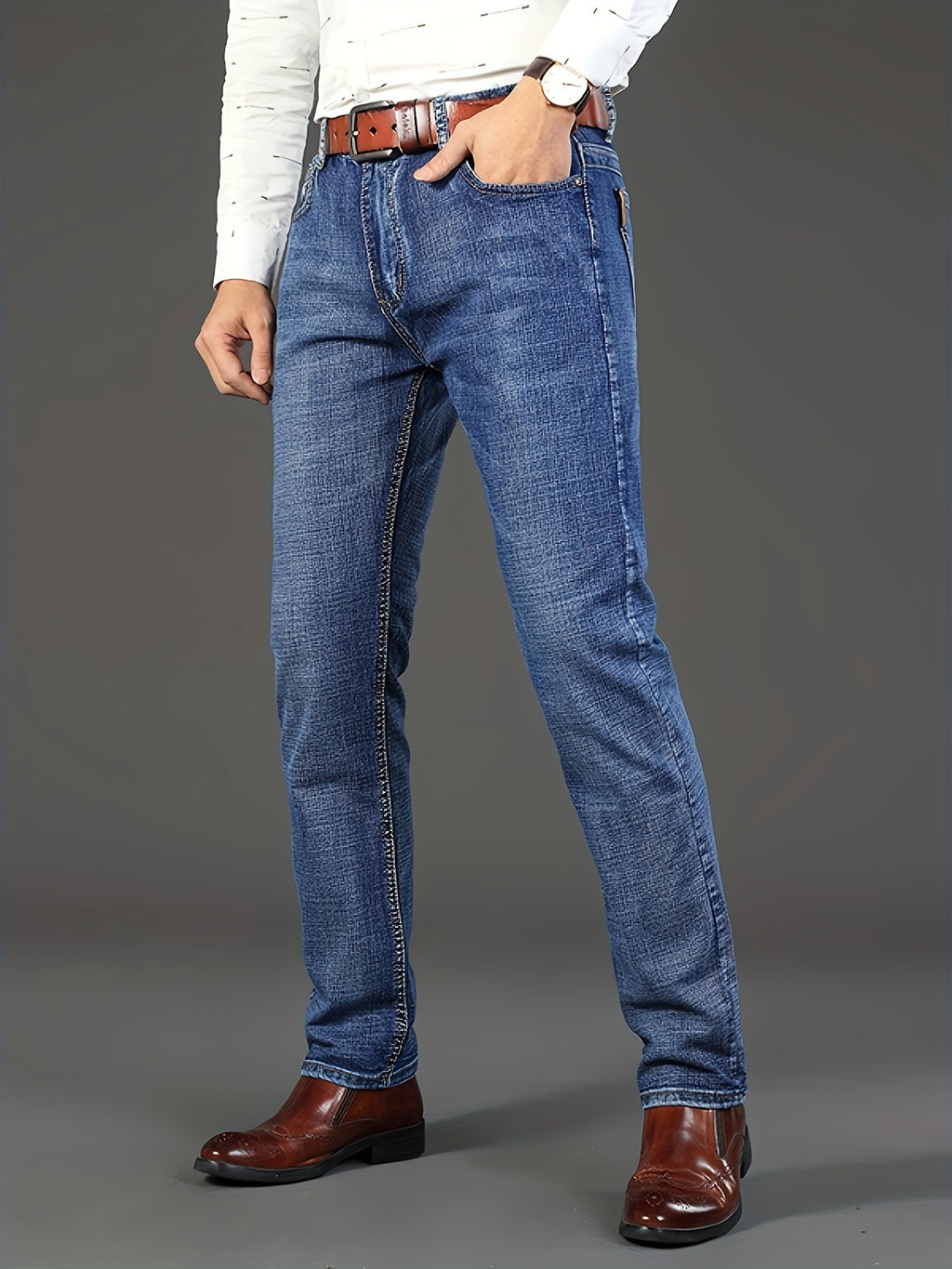 Mens For Jeans Men's Solid Denim Jeans, Light Business Style Slightly Stretch Straight Leg Pants For Outdoor Casual Daily Pantalones Para Hombres Mens Clothes - product image 3