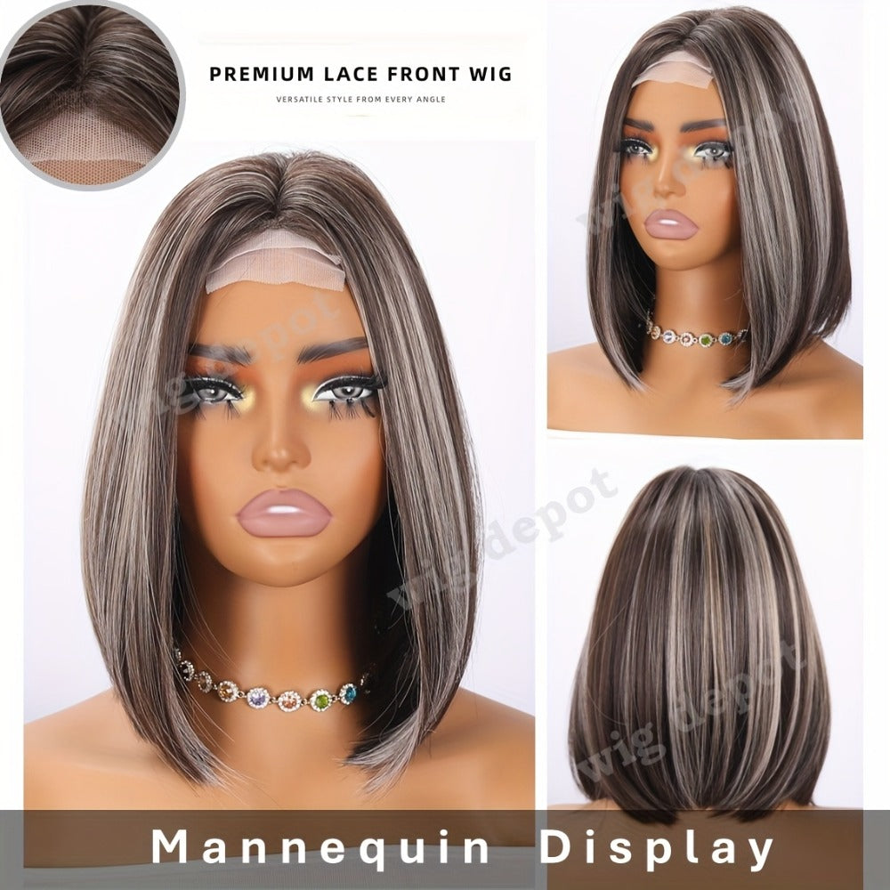 U Part Lace Front Bob Wig 4x1 Glueless Rose Net Cap Middle Part Natural Hairline Synthetic Wig for Women 14 Inch Brown Highlights Milky White Black Pink - product image 19