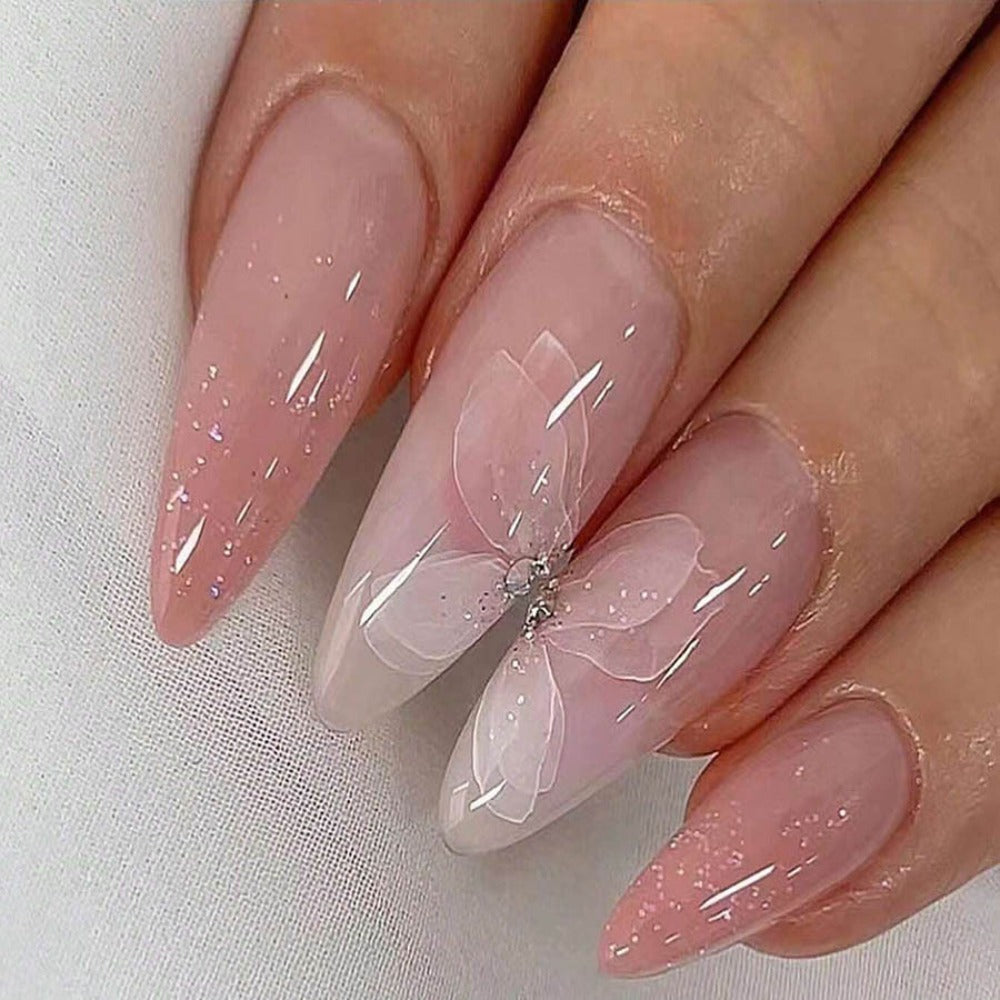 Ice Pink Almond Press On Nails 96 Pieces 4 Packs – Gradient Flower Butterfly Glossy Full Cover False Nails for Women Girls | Shiny Nail Tips Daily Wear Spring Summer Bridal Wedding - product image 7