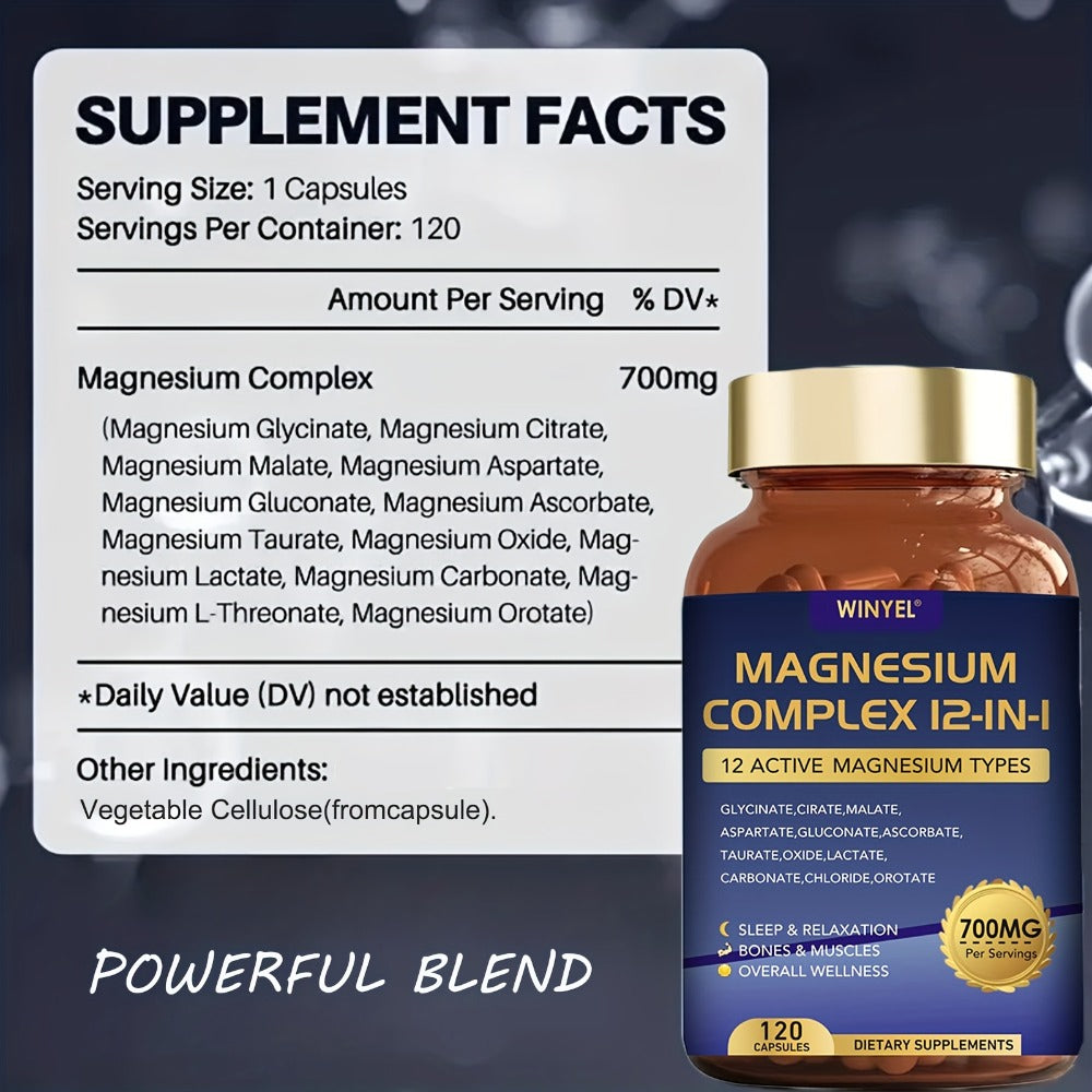 Magnesium Complex 700mg 12-in-1 120 Capsules with Glycinate, Citrate, Malate & Taurine for Sleep, Mood, Nerve, Heart & Muscle Function Support for Men & Women - product image 8