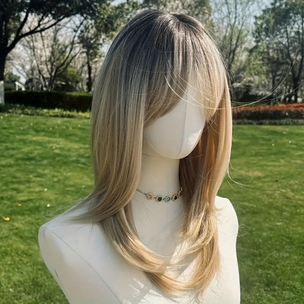Platinum Blonde Ombre Synthetic Wig Layered Straight 20 Inch Long | Lightweight Chemical Fiber, Hairnet Included | Women Daily Wear Party Cosplay Festival Halloween - product image 9