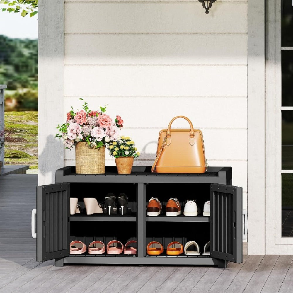 Shoe Storage Bench with Hidden Cabinet Entryway Bench All-Weather Resin Indoor Outdoor Porch Patio Mudroom Hallway Organizer - product image