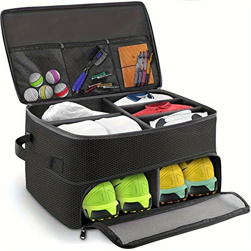 Golf Organizer Storage Box with Compartments and Mesh Pockets Long-lasting Golf Accessory Case for Golf Balls Shoes Gloves Tees and Essentials