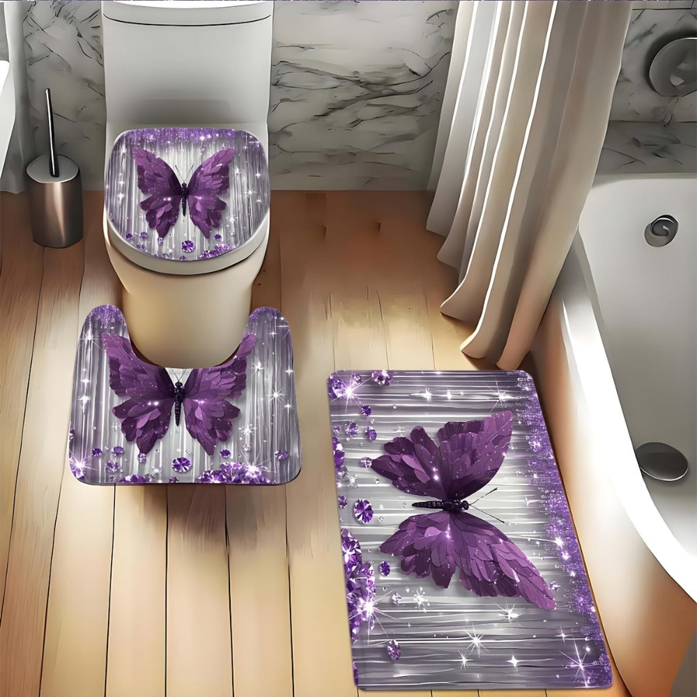 Shower Curtain Set Diamond Butterfly Print 70.8x70.8 Inch - 4 Piece Bathroom Set with U-Shape Toilet Seat Cover Non-Slip Rug 12 Hooks Machine Washable | Cyan Purple Pink | All Seas - product image 8