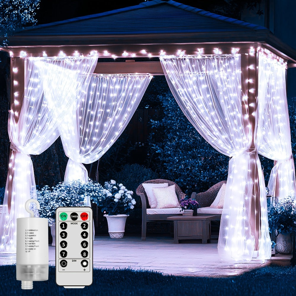 Curtain Lights for Gazebo Outdoor, 330 LED 10ft x 10ft Waterfall Fairy Lights Battery Operated with Remote, IP65 Waterproof Hanging String Lights with 8 Modes for Bedroom Porch Pat - product image