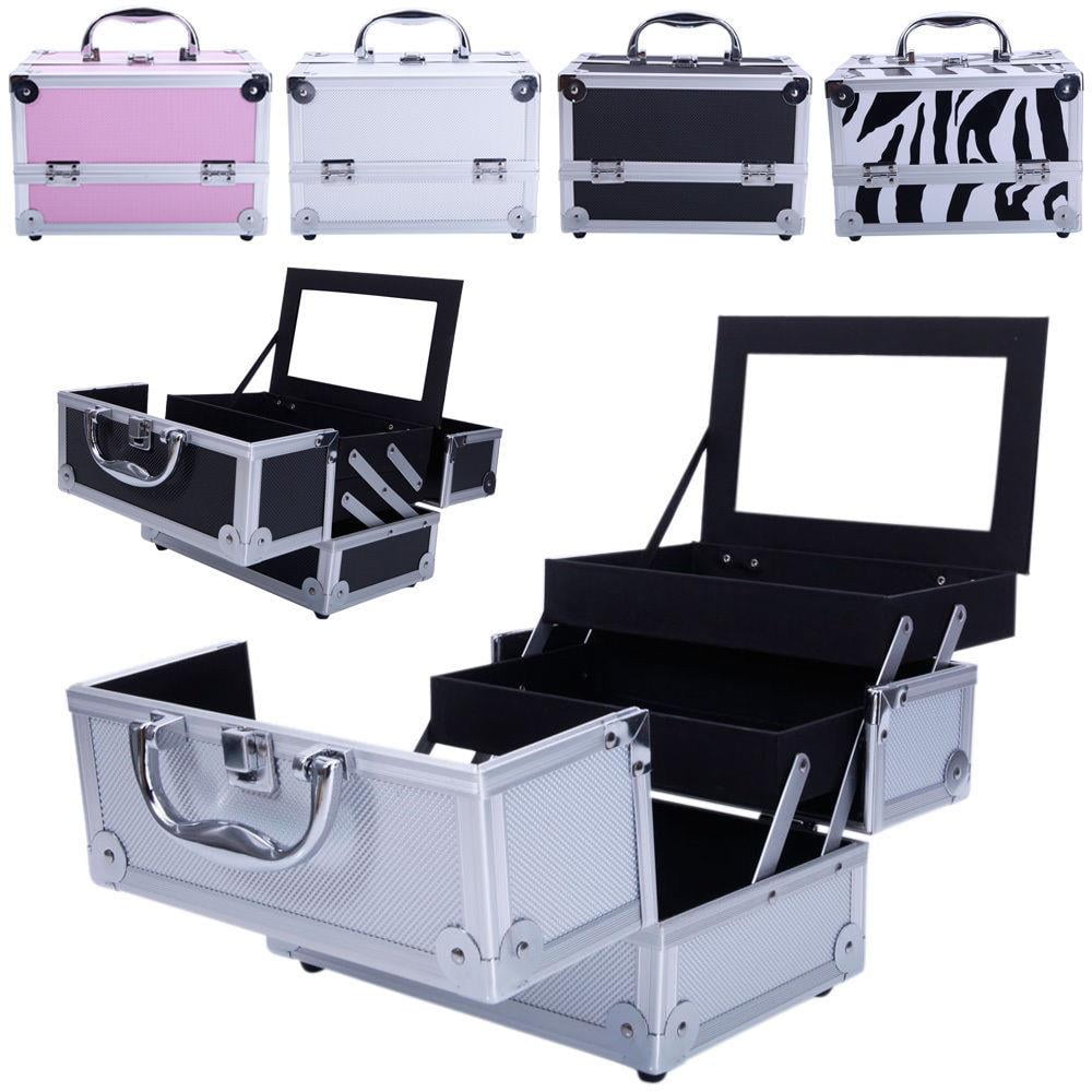 Aluminum Makeup Train Case with Wheels Large Capacity Lockable Cosmetic Trolley Organizer Adjustable Dividers Retractable Handle for Makeup Artists Salon Travel Black Silver Pink B - product image 35