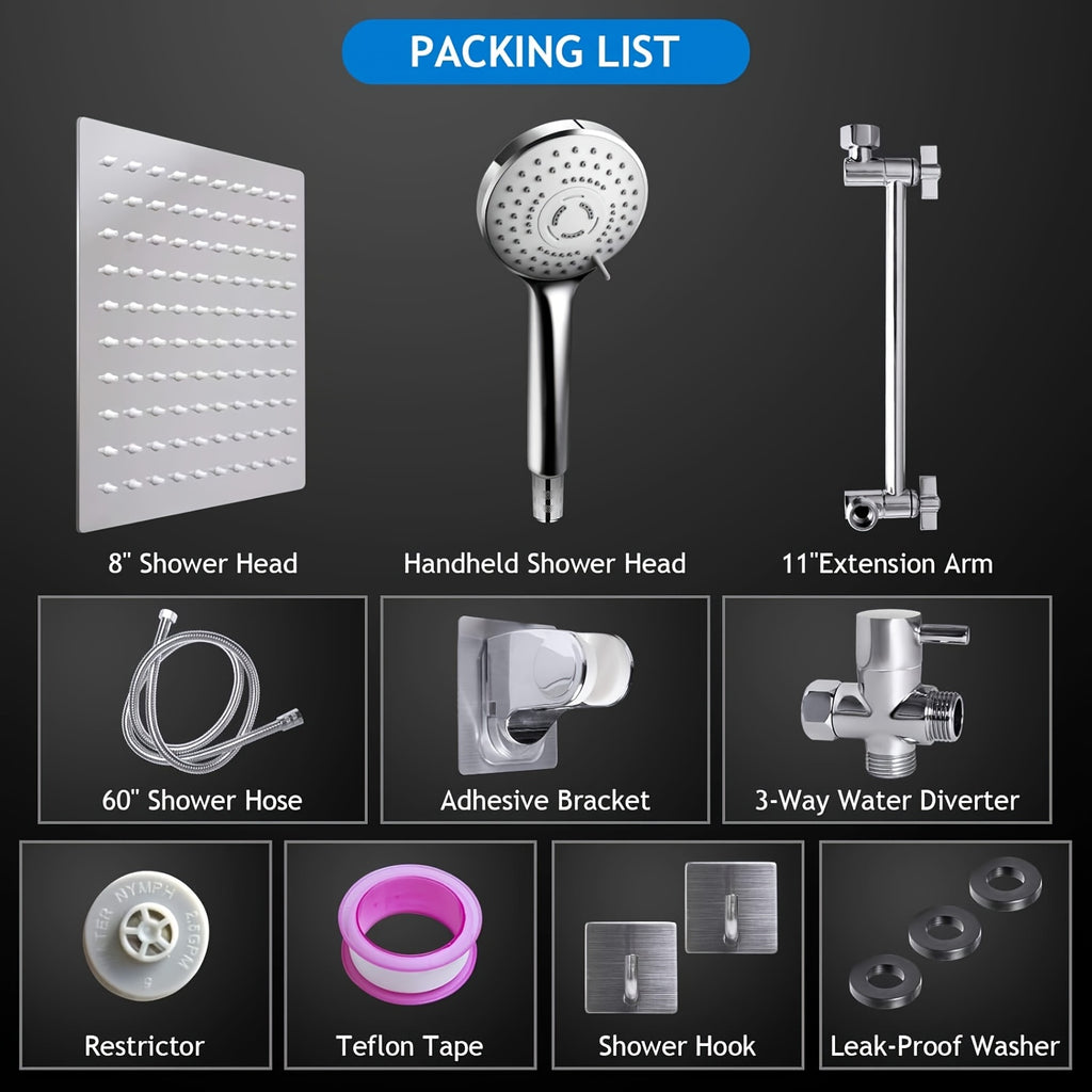 Shower Head, High Pressure Rainfall/Handheld Shower Combo With Extension Arm, 9 Settings, Anti-leak Shower Head With Holder, Height/Angle Adjustable, Chrome - product image 12