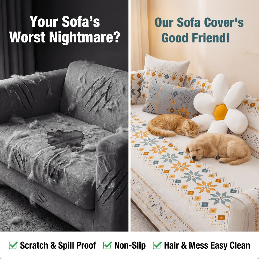 Chenille Sofa Cover Bohemian Style 1pc - Ethnic Pattern Anti-Slip Cat Scratch Resistant Skin-Friendly Couch Slipcover | 2 3 4 Seat Sizes White Green | Living Room Bedroom Office So - product image 10
