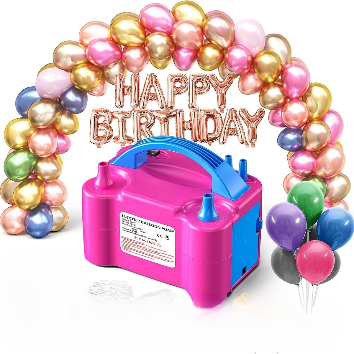 Electric Balloon Pump Double Nozzle 600W | Portable Fast Balloon Blower Inflator for Party Decoration, Birthday, Wedding & Events, 110V-120V, Multiple Colors with Optional Balloon Kit (Green, Rose Red, Pink, Blue, Orange)