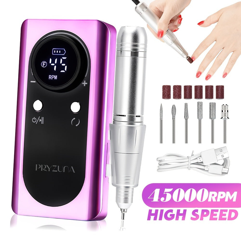 Nail Drill Machine 45000 RPM Brushless Motor 10-Hour Battery Electric Nail File with LCD Smart Screen 6 Drill Bits 6 Sanding Bands – Forward Reverse Low Noise Nail Grinder for Gel  - product image