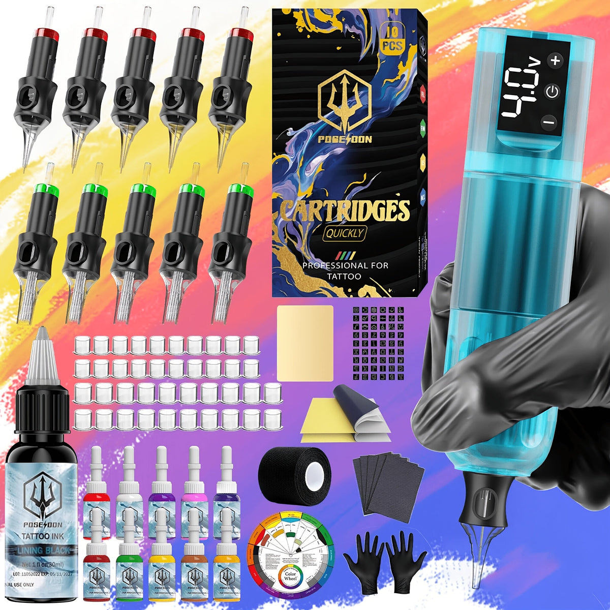 Wireless Tattoo Machine Kit Complete - POSEIDON V5 Rotary Pen with LCD Screen 1500mAh Battery 6H Runtime 10 Needles 11 Ink Bottles Full Tattoo Supplies for Beginners & Professional - product image 25