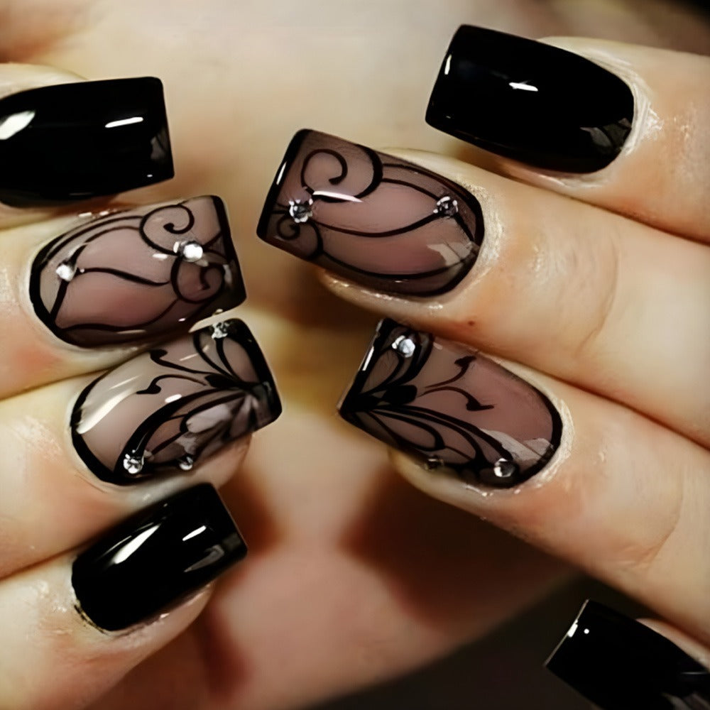 Black Press On Nails Short Square 96 Pieces – Ice Crack Crackle Design Glossy Full Cover Fake Nails for Women Girls | Edgy Alternative Nail Art Kit | Summer Party Concert Festival  - product image 9