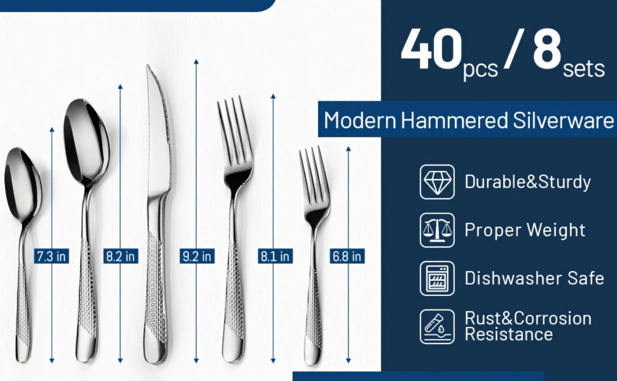 Stainless Steel Flatware Set 40/48 Piece – 304 Silverware Set for 8 Hammered Mirror Polished Rose Gold Cutlery with 2-in-1 Serrated Knife Dishwasher Safe Modern Utensils for Home R - product image 13