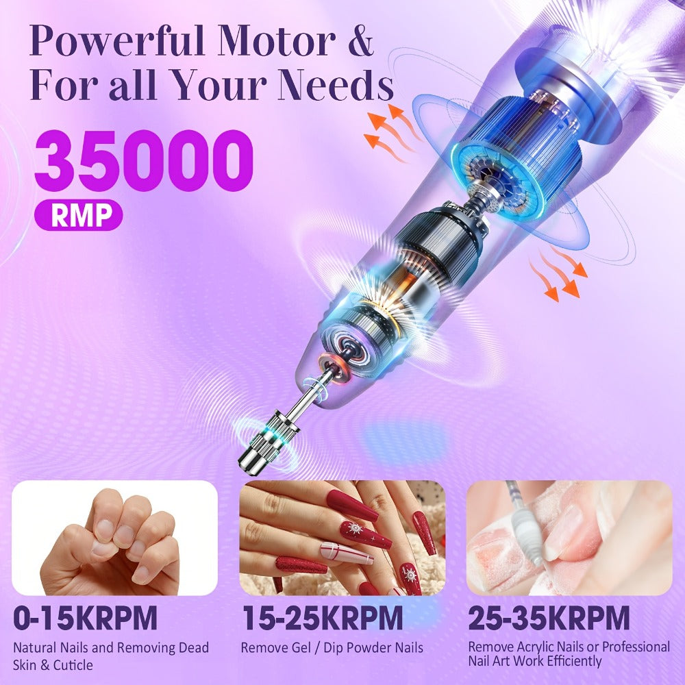 Nail Drill Kit 35000 RPM with 100 Sanding Bands Multiple Drill Bits Electric Nail File for Acrylic Gel Nails Manicure Pedicure Salon Home Use Purple Pink Black - product image 9