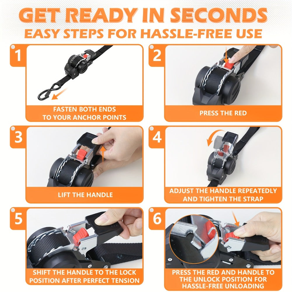 Retractable Ratchet Straps with Extension Strap – Heavy Duty Auto Self-Retracting Tie Down Cargo Straps for Truck Trailer Motorcycle Moving & Appliances - product image 14
