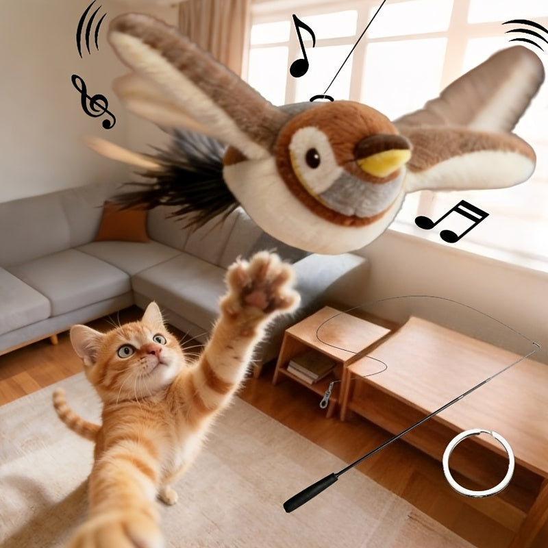 Flying Sparrow Cat Toy with Flapping Wings & Chirping Sound | USB Rechargeable Plush Bird Cat Toy, Touch-Start Interactive Feather Toy for Indoor Cats - product image 2