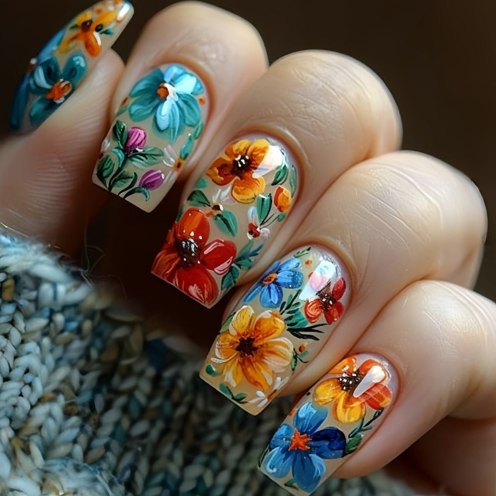 Floral Press On Nails 120 Pieces 5 Packs – Glossy Spring Summer False Nails Medium Square Full Cover Fake Nails with Striped & Mixed Color Designs | Removable Nail Art Set for Wome - product image 5