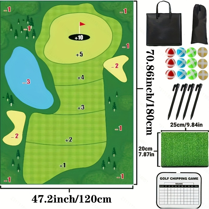 Golf Chipping Game Mat Set for Adults – Indoor Outdoor Golf Game Equipment with 12 Sticky Balls, 4 Ground Stakes, Score Card & 2 Storage Bags, Fun Golf Game for Home Backyard Office