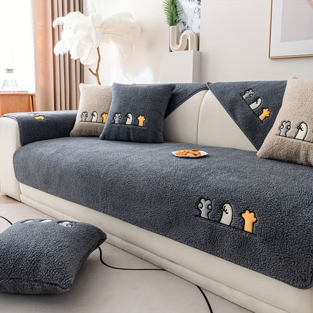 Plush Shearling Sofa Cover Non-Slip Pet-Friendly Couch Protector Animal Bone Embroidery Soft Warm for Living Room Bedroom Office 2 3 4 Seater - product image 18