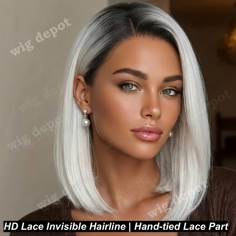 U Part Lace Front Bob Wig 4x1 Glueless Rose Net Cap Middle Part Natural Hairline Synthetic Wig for Women 14 Inch Brown Highlights Milky White Black Pink - product image 16
