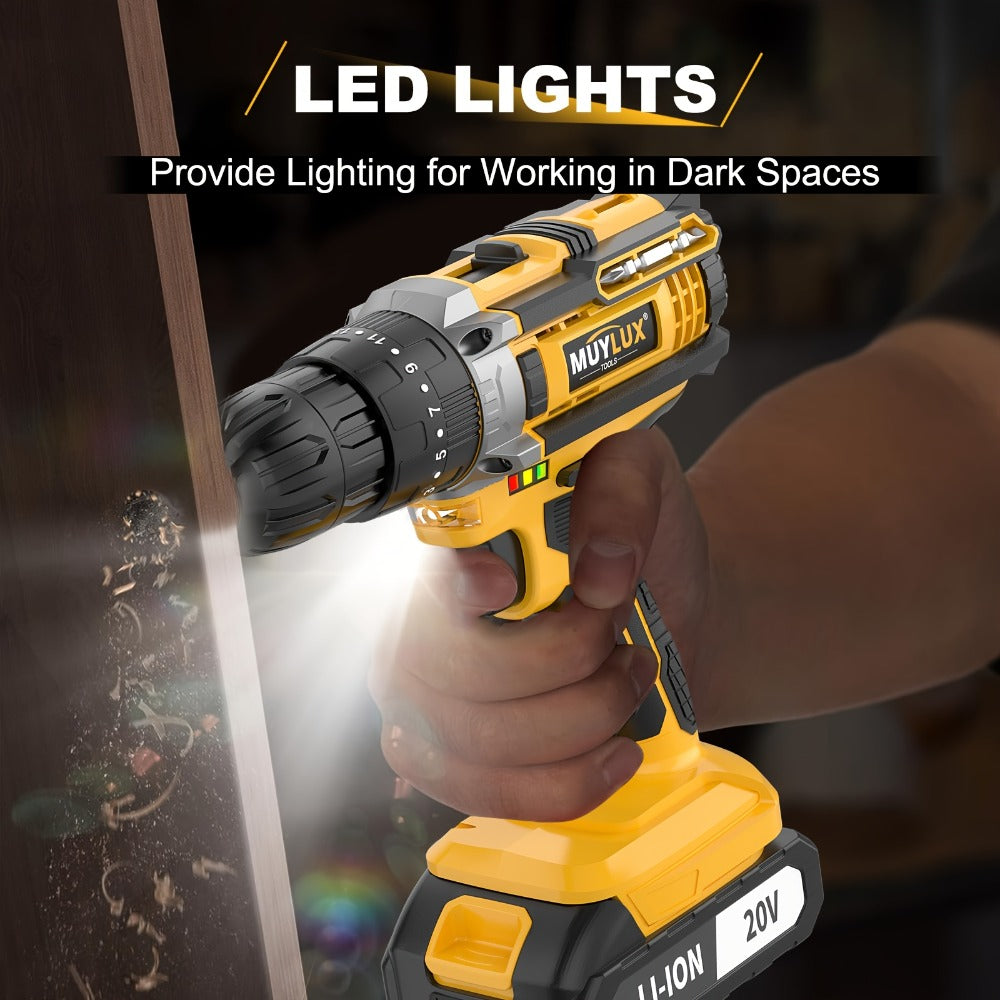 20V Cordless Drill Set Impact Power Drill 3/8 Inch Keyless Chuck 18+3 Clutch 45Nm Max Torque 2-Speed Work Light 2.0Ah Battery Fast Charger 136 148 PCS Kit - product image 9