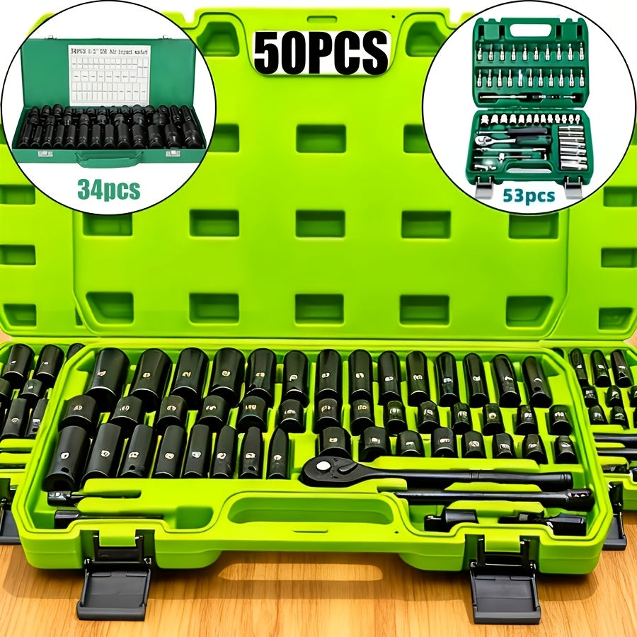 34pcs Impact Socket Set with 1/2" Drive Or 53pcs Tool Set Or 50pcs Impact Socket Set with 3/8" Drive, SAE (5/16" to 3/4") and Metric (8 to 22mm) Sizes, 6-point - product image