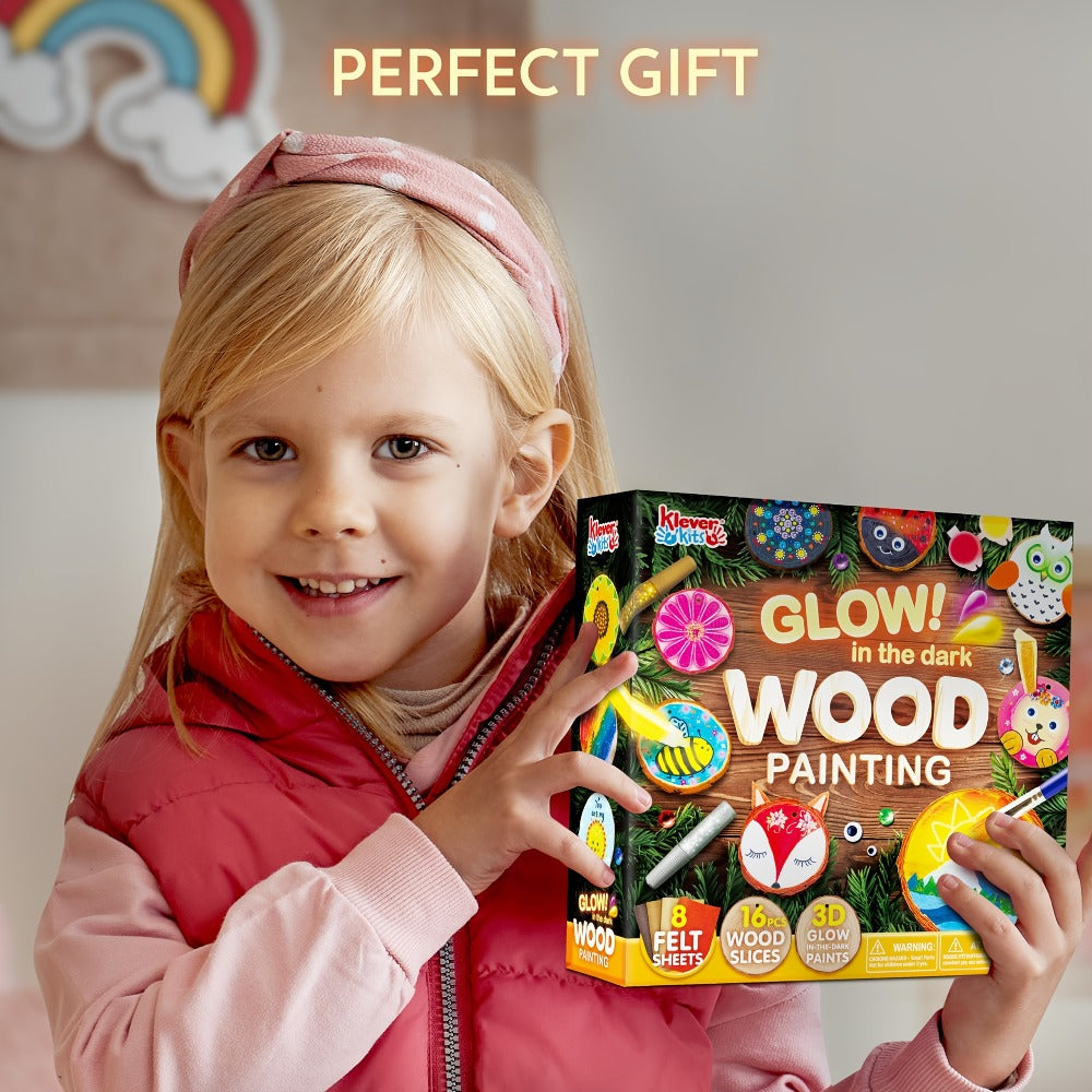 Kids Painting Kit Glow in the Dark – Birthday Christmas Easter Gift Boys Girls – Wood Slice Arts & Crafts Set Ages 6+ with 16 Wood Slices, Felt, Acrylic - product image 3