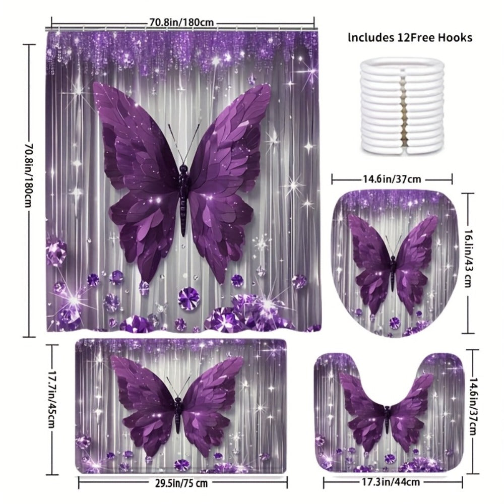 Shower Curtain Set Diamond Butterfly Print 70.8x70.8 Inch - 4 Piece Bathroom Set with U-Shape Toilet Seat Cover Non-Slip Rug 12 Hooks Machine Washable | Cyan Purple Pink | All Seas - product image 4