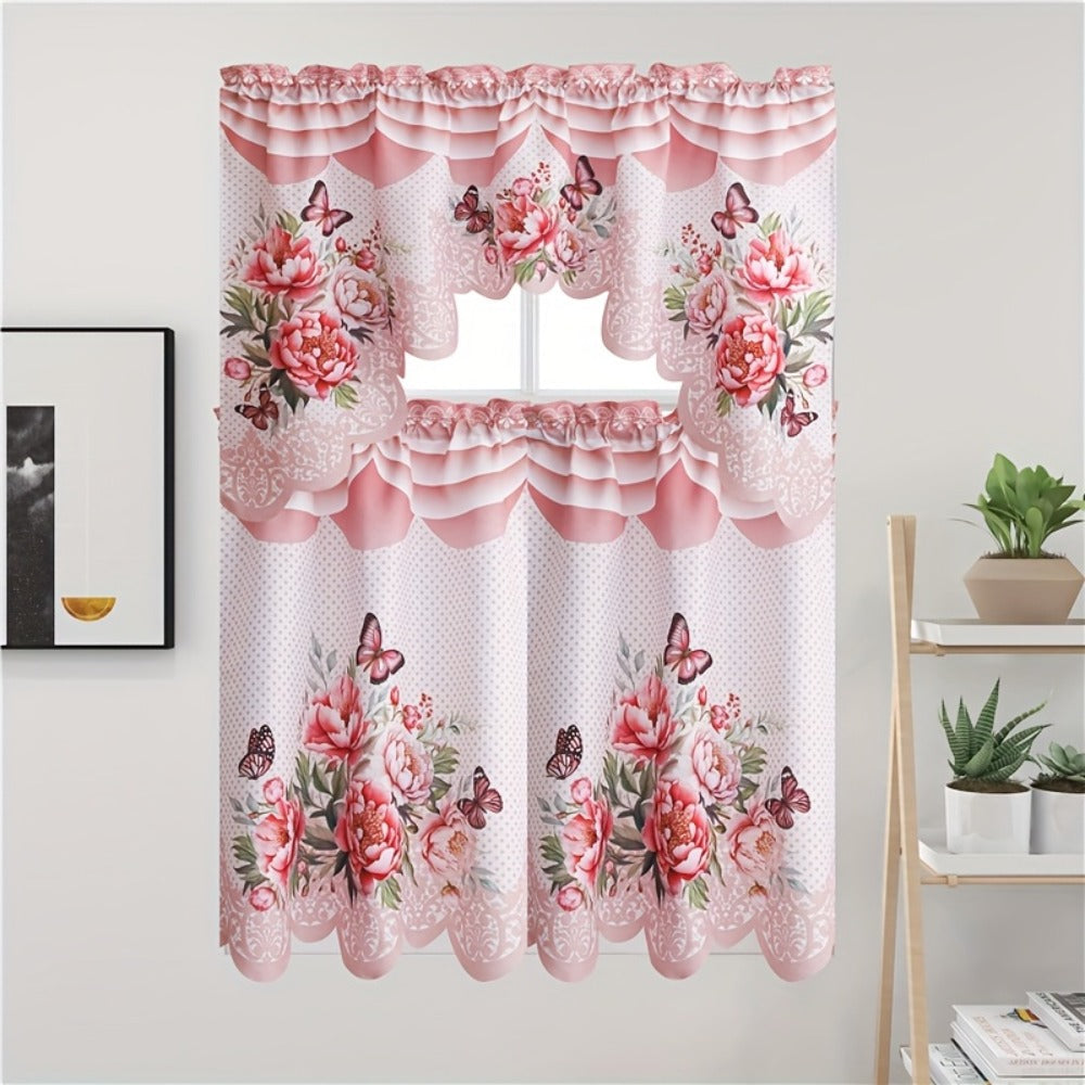 Blackout Kitchen Curtains 3-Piece Set with Butterfly Floral Print - Rod Pocket Window Curtains for Kitchen, Living Room, Bedroom, Bathroom & Restaurant, Polyester Fabric, Machine W - product image 3