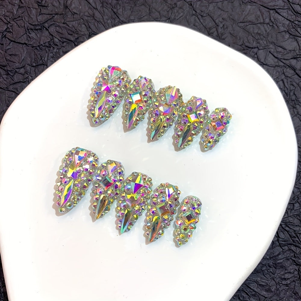 Almond Press On Nails 10pcs Medium Length Glitter Strobe AB Crystal Rhinestone – Color Block Fake Nails Kit with Nail File, Cuticle Stick & Sticker Pad for Party, Wedding, Date Nig - product image