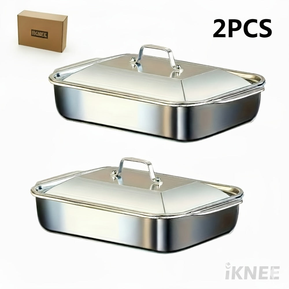 Stainless Steel Baking Pan Set 4-Piece – 2 Deep Roasting Pans & 2 Lidded Pans with Handles, 6-Liter Large Capacity 16.14" Rectangular Baking Pans for Lasagna, Fish, Chicken & Roast - product image 3