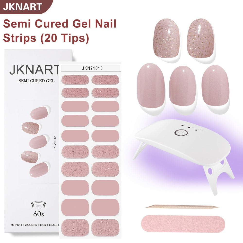 Gel Nail Art Kit Semi-Cured Nail Stickers 20 Designs with Portable UV Lamp Full Coverage Soft Gel Nail Patches Nude Nail Wraps for Women Party Birthday Gift Home Manicure - product image