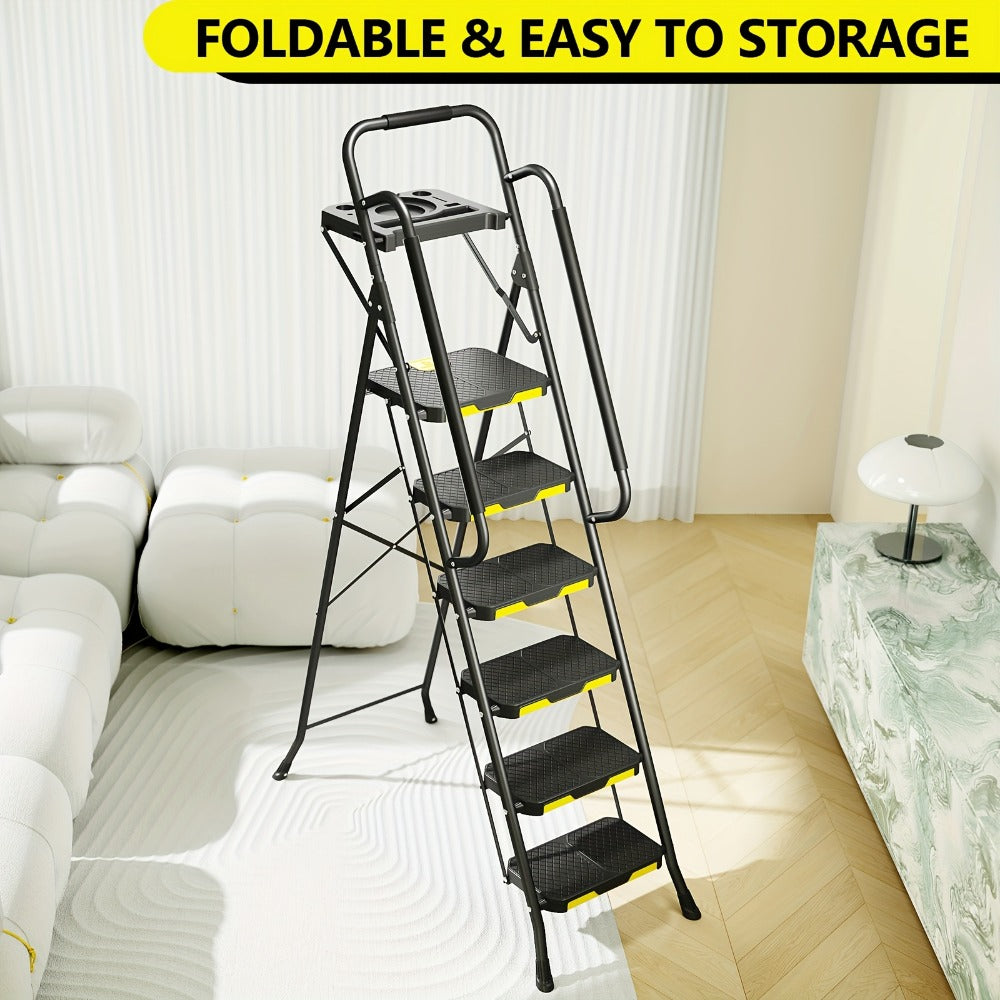 6 Step Ladder with Handrails & Tool Platform 800 LBS – Folding Step Stool Wide Pedal Steel Safety Ladder for Adults, Painting, Home, Garage & Outdoor Use – Auto Safety Lock, Compac - product image 5
