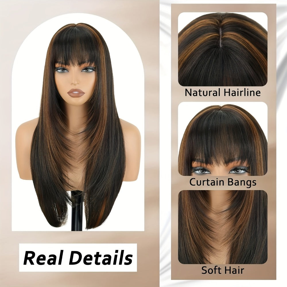 Curtain Bangs Lace Front Wig Synthetic Glueless 26 Inch Long Straight Pre-Bleached Realistic Scalp Natural Hairline 5 Colors Daily Wear Women - product image 7